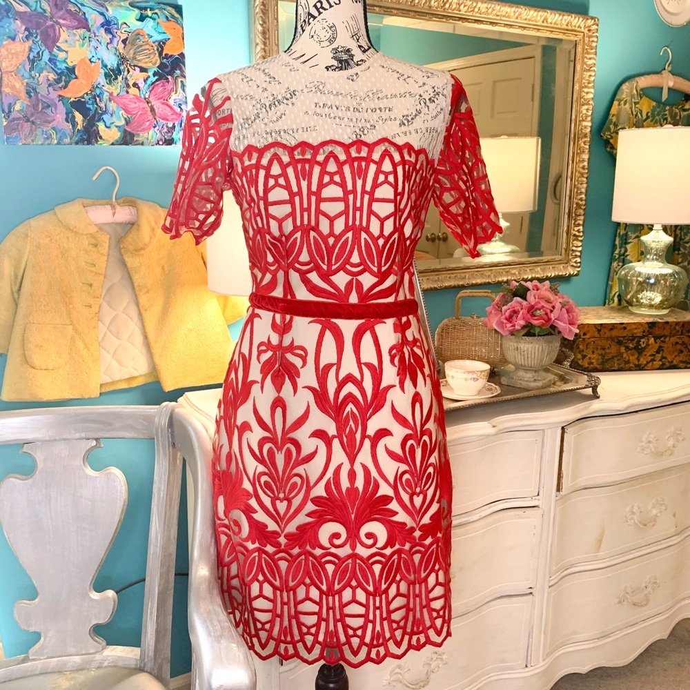 Foxiedox Red and Cream BodyCon Dress With Lace